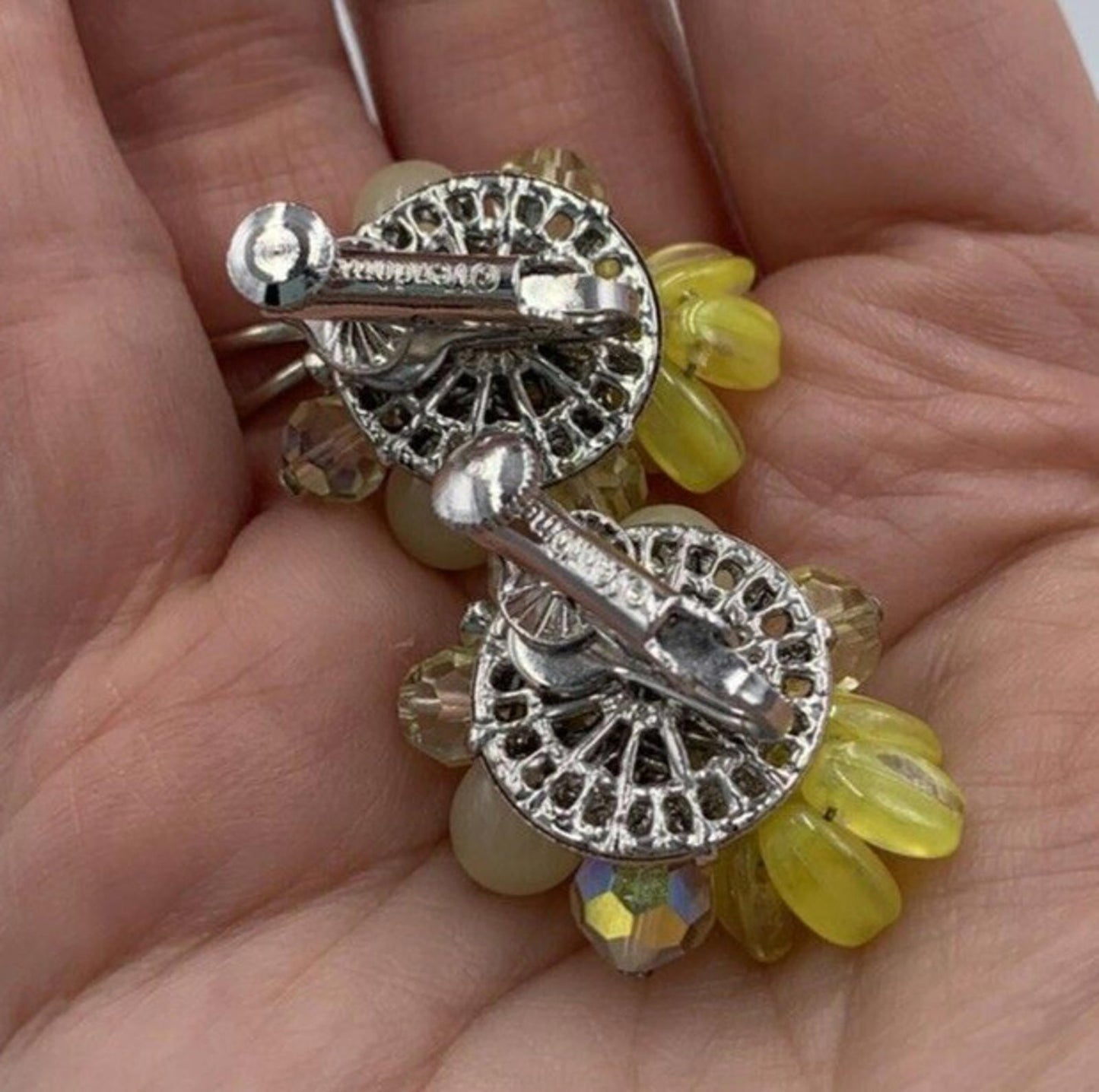 Vintage Vendome Set Yellow Glass Bead Cluster AB Necklace & Earrings Rare OOAK