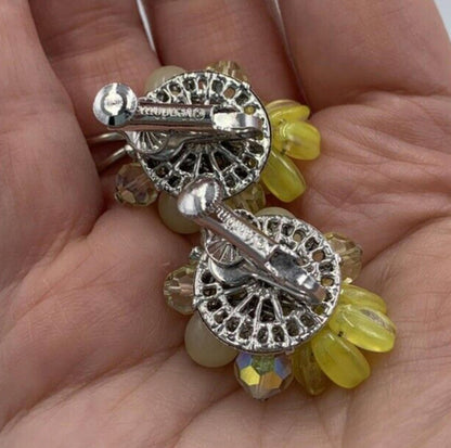 Vintage Vendome Set Yellow Glass Bead Cluster AB Necklace & Earrings Rare OOAK