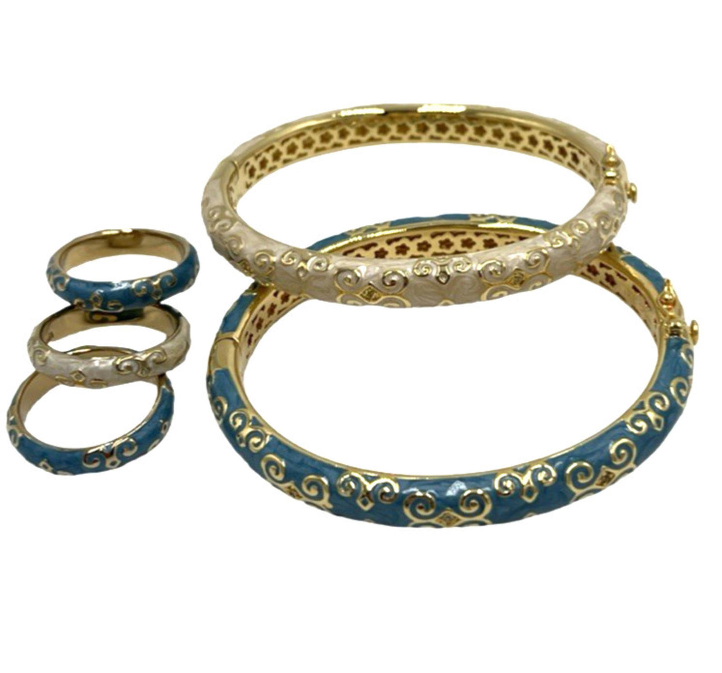 NWOT Lauren G Adams Bangle Bracelet Ring Lot  Cream Blue Enamel Moroccan Style