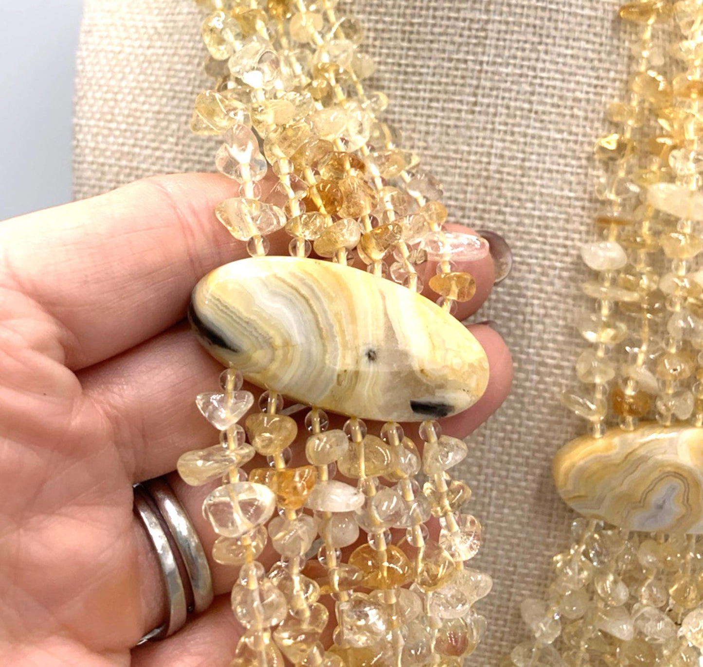 Multi Six Strand Citrine Large Agate Stone Sterling Silver Clasp Necklace 20.5"