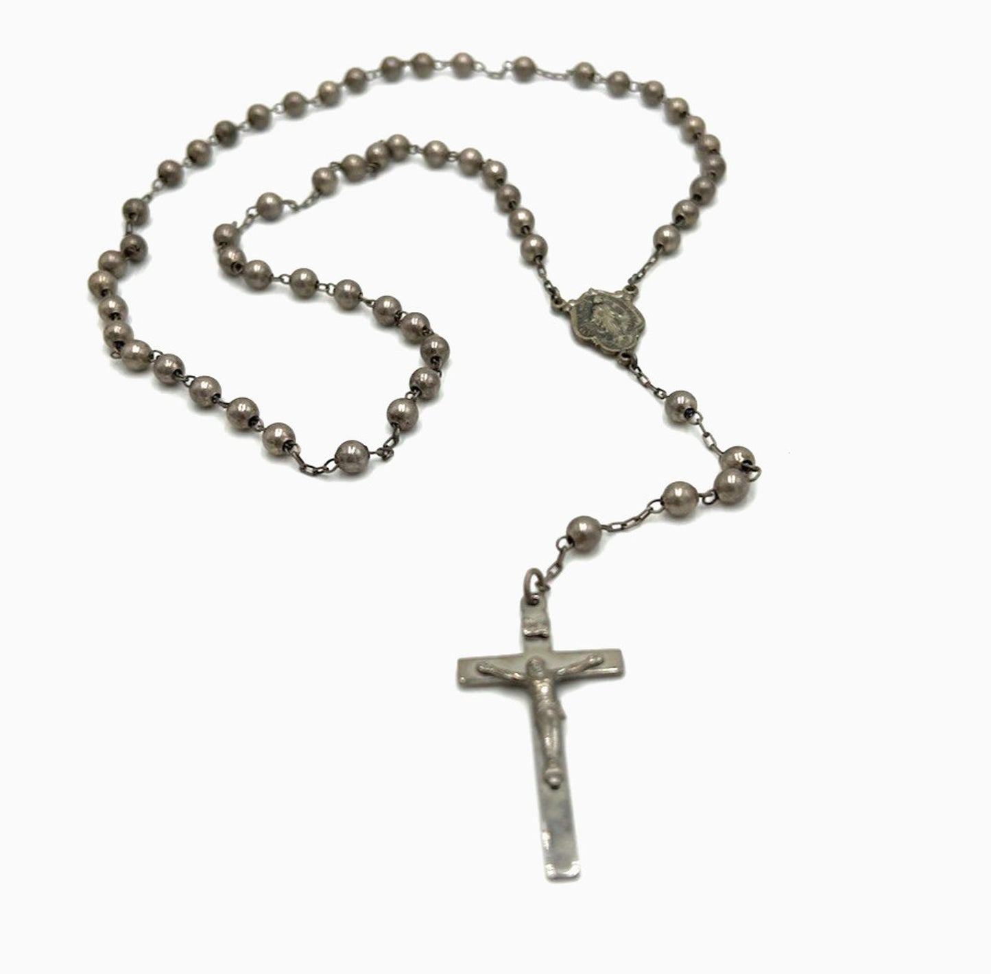 VINTAGE DIROMA Ball Bead Sterling Silver Rosary Crucifix Mary Medal Necklace