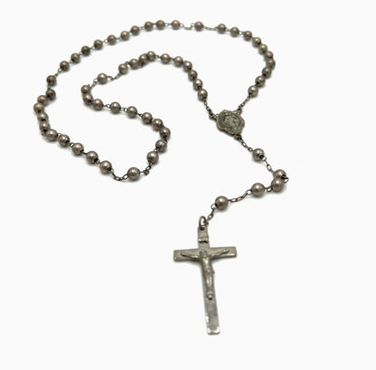 VINTAGE DIROMA Ball Bead Sterling Silver Rosary Crucifix Mary Medal Necklace