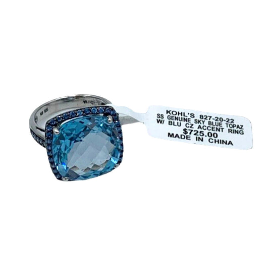 $725 NWT Sterling Silver Over 12 carats Genuine Sky Blue Topaz Ring Size 6.75