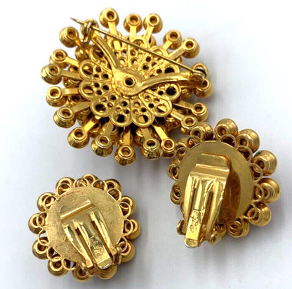 Vintage Judy Lee Clustered Dome Ruby Red Rhinestone Gold Tone Demi Parure Signed