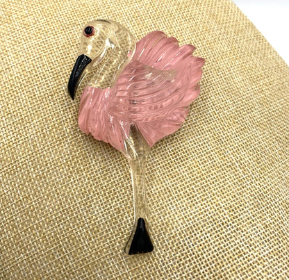 Vintage Flamingo Reverse Etched Pink Clear Black Large Brooch/Pin Lucite Bird