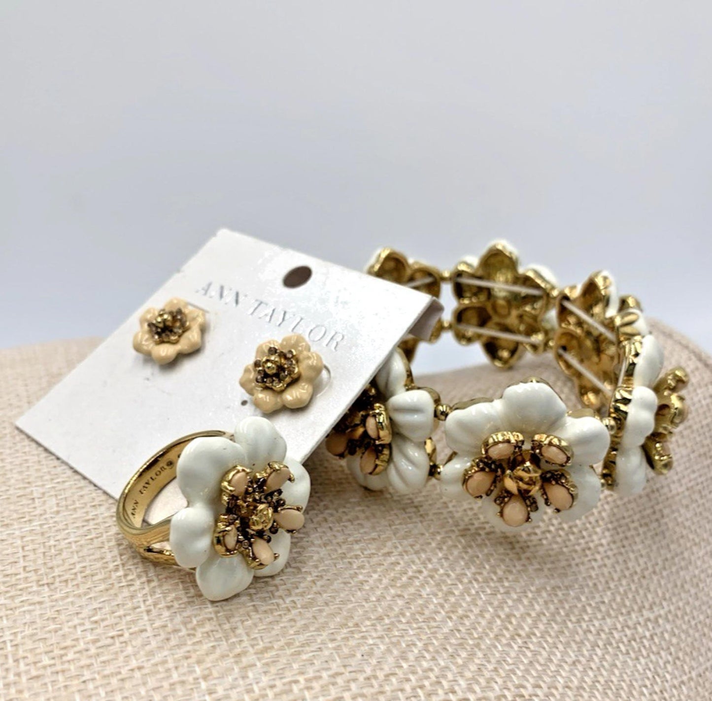 Ann Taylor Stretch Enamel Flower Bracelet Earrings Ring Set