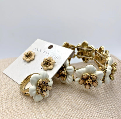 Ann Taylor Stretch Enamel Flower Bracelet Earrings Ring Set