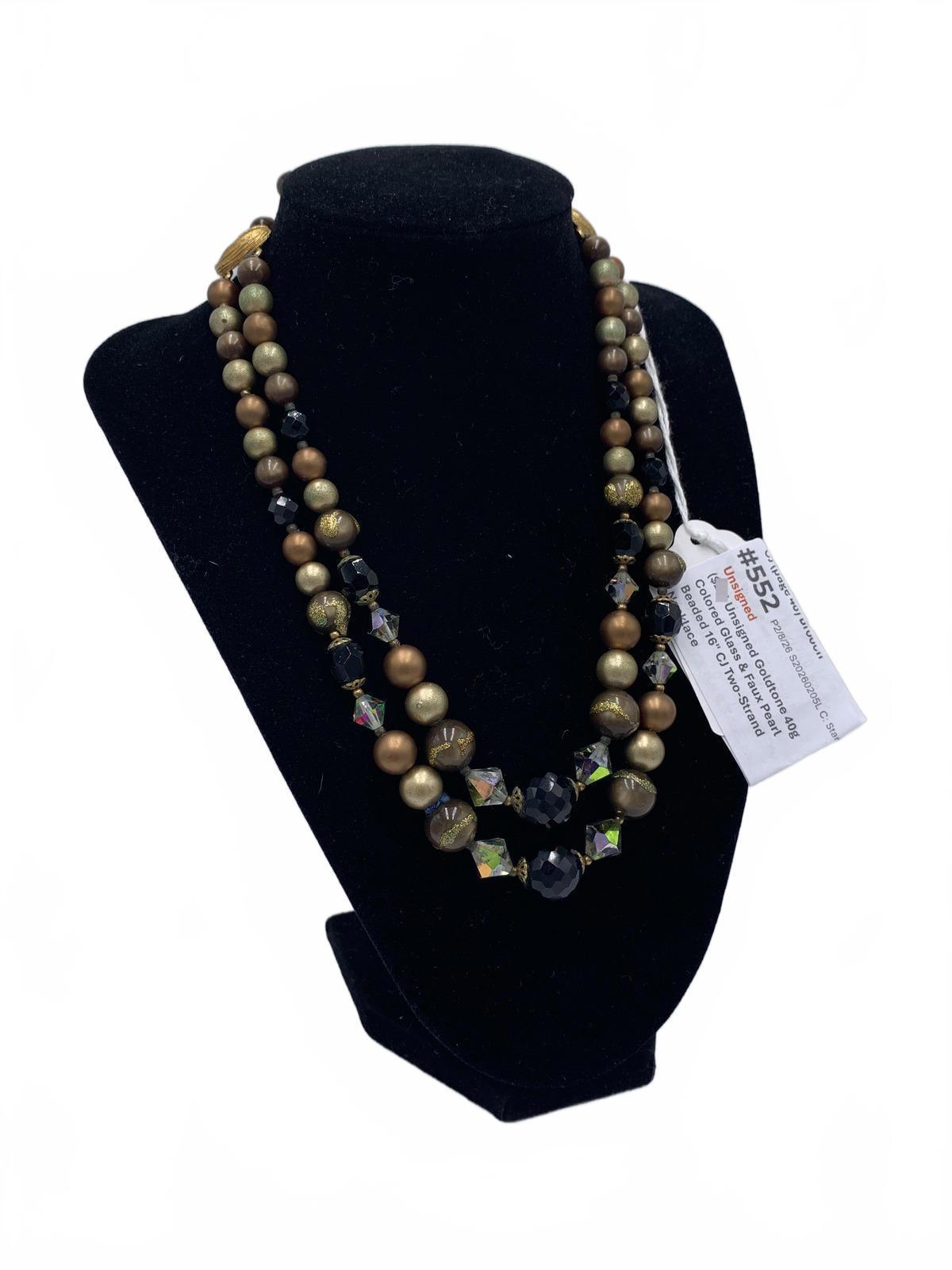 Unsigned Goldtone 40g Colored Glass & Faux Pearl Beaded 16" Two-Strand Necklace