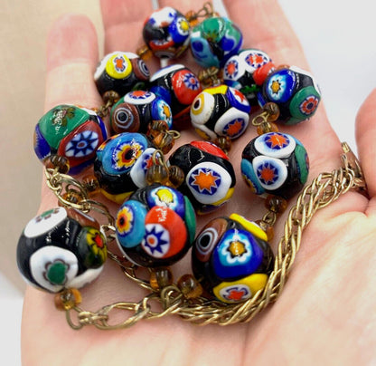 Vintage Millefiori Venetian Murano Moretti Necklace Gold Over Sterling Italy 20"