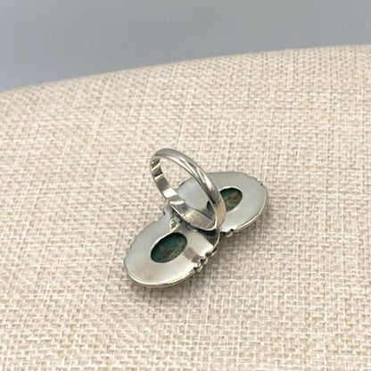 New Old Stock Vintage Sterling Silver Navajo Two Green Turquoise Stone Ring 10
