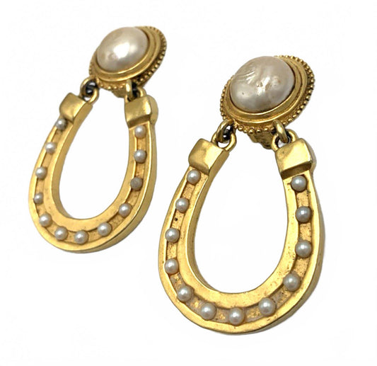 Vintage Karl Lagerfeld Gold Tone Faux Pearl Horseshoe Door Knockers Earrings