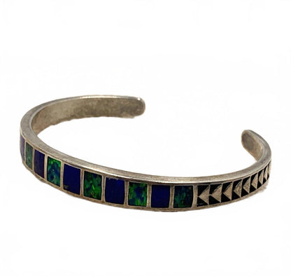 TEME New Mexico Navajo Vintage Inlaid Opal Lapis Open Cuff Bracelet 6.25"