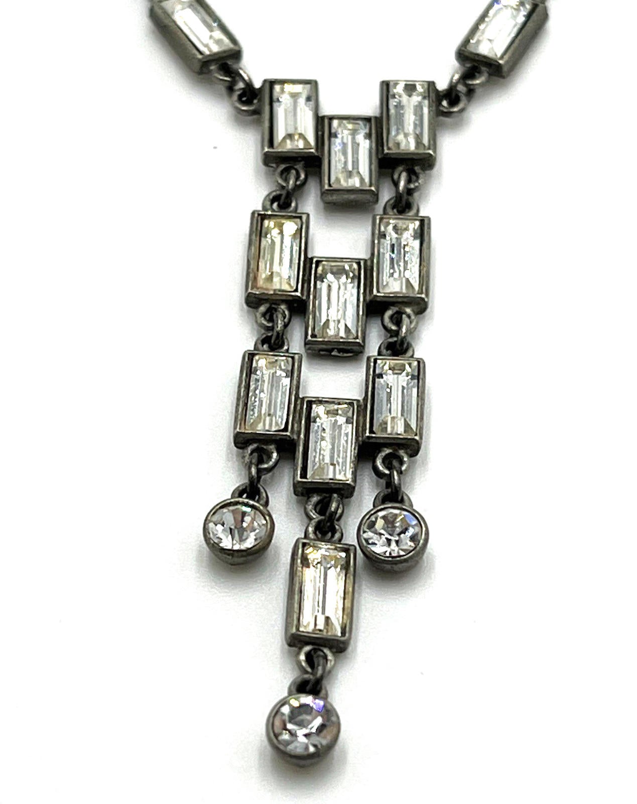 Ben Amun Set Art Deco Style Dangle Earrings & Necklace Rhinestone Silver Tone