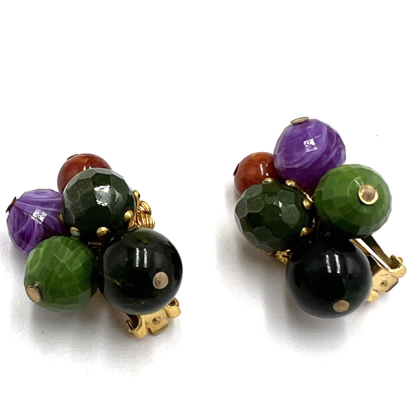 Set Hattie Carnegie Necklace Earrings Vintage Two Strand Faux Malachite Amethyst