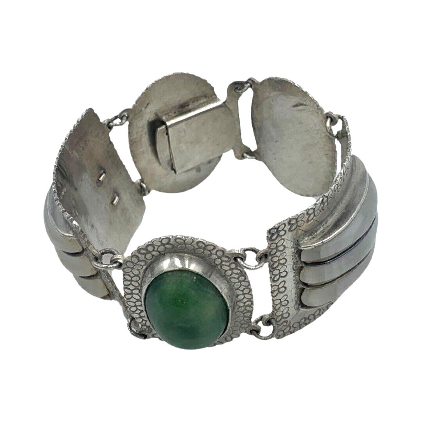 Vintage Artisan Handcrafted Sterling Silver Quartz Nephrite Wide Bracelet Mexico