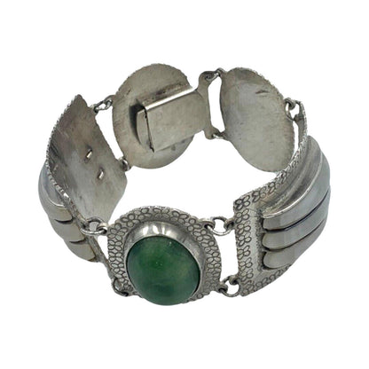 Vintage Artisan Handcrafted Sterling Silver Quartz Nephrite Wide Bracelet Mexico