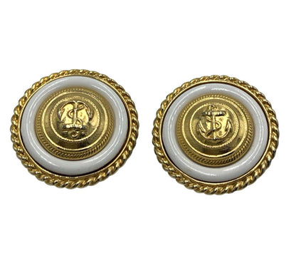 Vintage Ben Amun Nautical Anchor Clip-On Earrings Round Gold Tone Statement