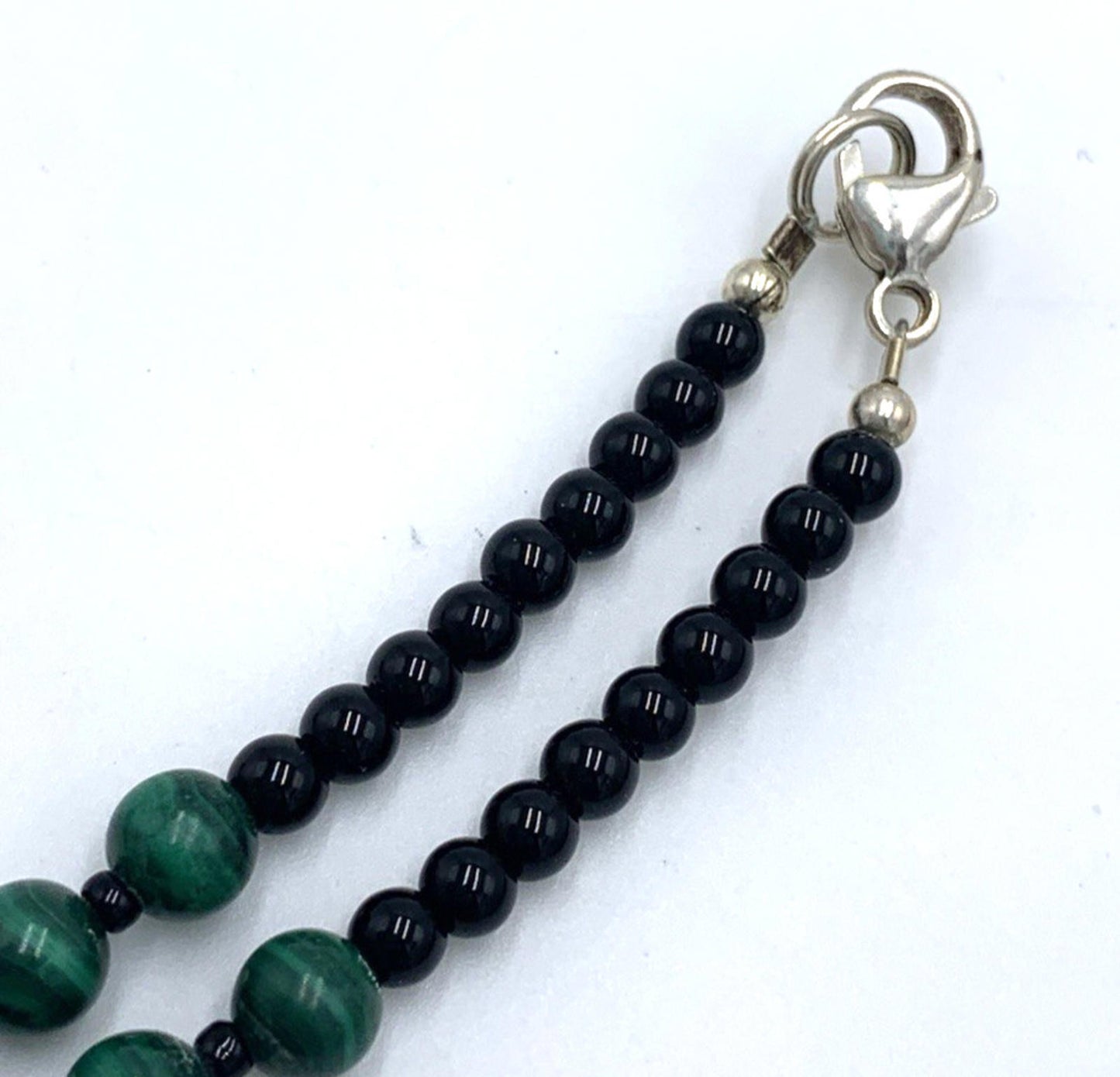Vintage Genuine Malachite Necklace Graduated Beads Glass Spacer Sterling Clasp
