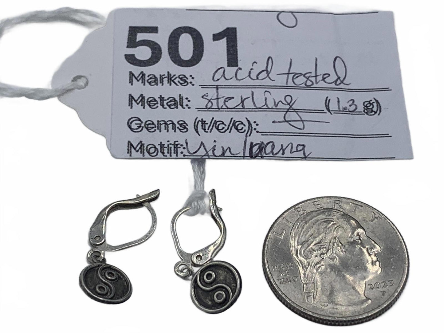 Yin-Yang Motif Hook Earrings in Sterling Silver