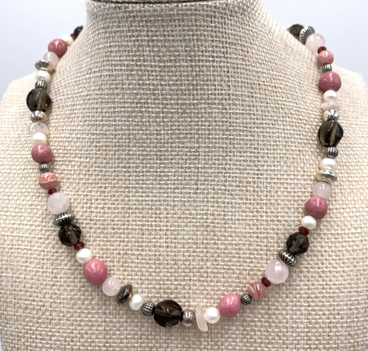 Carolyn Pollack Vintage Smoky Quartz Pink Rhodonite Sterling Bead Necklace