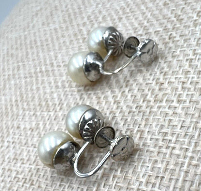 14K White GOLD Genuine Double PEARL Screw Back Drop EARRINGS Non-Pierced