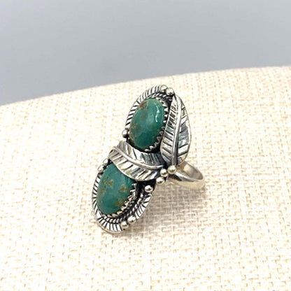 New Old Stock Vintage Sterling Silver Navajo Two Green Turquoise Stone Ring 10