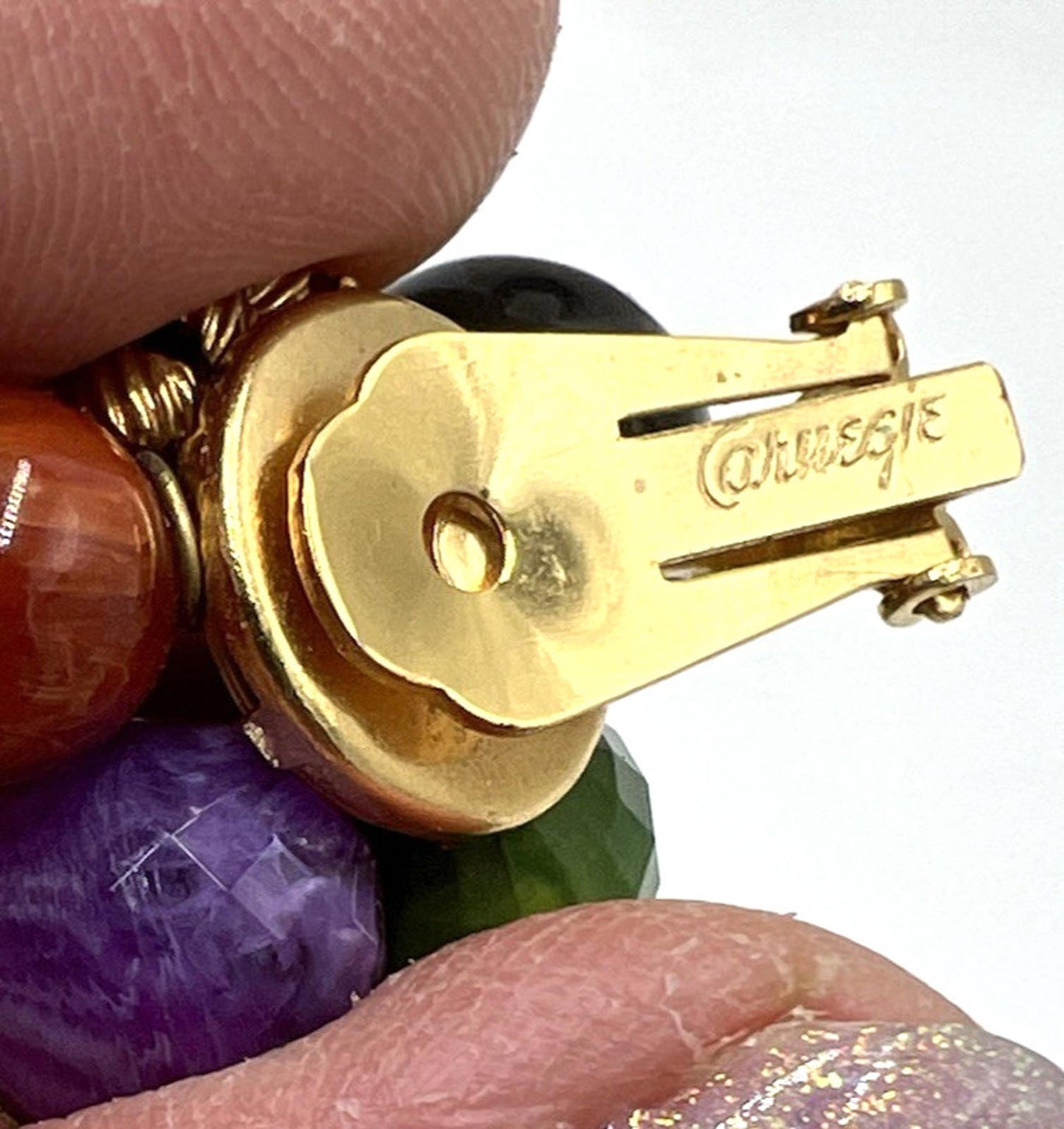 Set Hattie Carnegie Necklace Earrings Vintage Two Strand Faux Malachite Amethyst