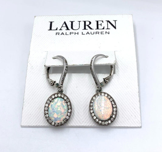 NWT Vintage Ralph Lauren Sterling Silver Created Opal Marcasite Dangle Earrings