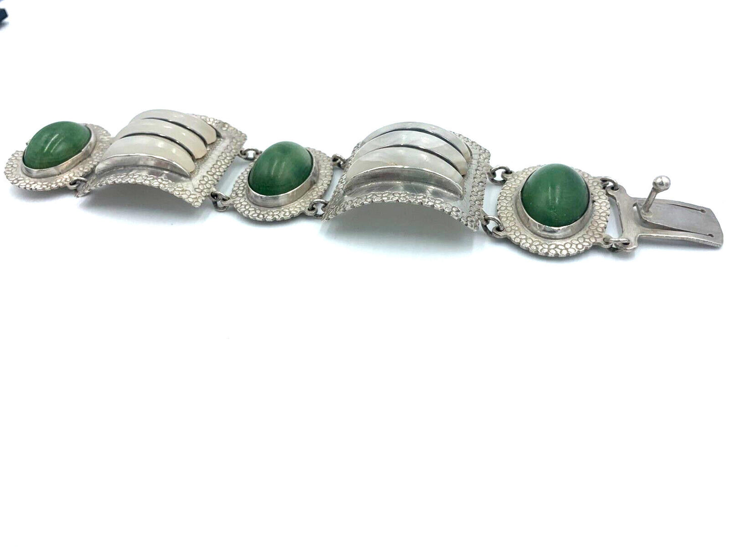 Vintage Artisan Handcrafted Sterling Silver Quartz Nephrite Wide Bracelet Mexico
