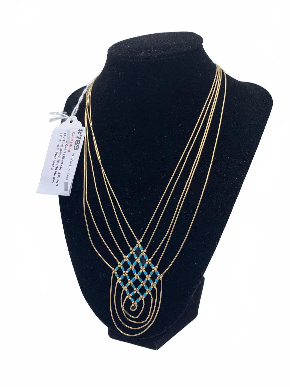 Gold Filled 14g Turquoise Beads Native 17" Fine Jewelry Y-Necklace