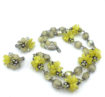 Vintage Vendome Set Yellow Glass Bead Cluster AB Necklace & Earrings Rare OOAK