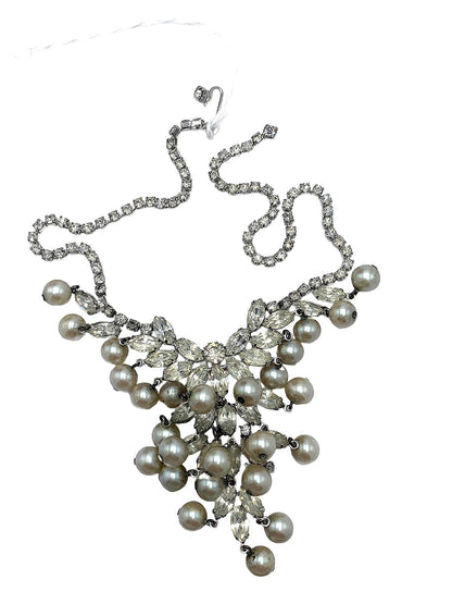 Unsigned Silvertone White Rhinestone & Faux Pearl Ornate 15" Necklace