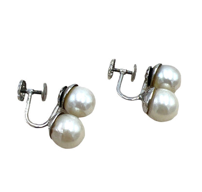 14K White GOLD Genuine Double PEARL Screw Back Drop EARRINGS Non-Pierced