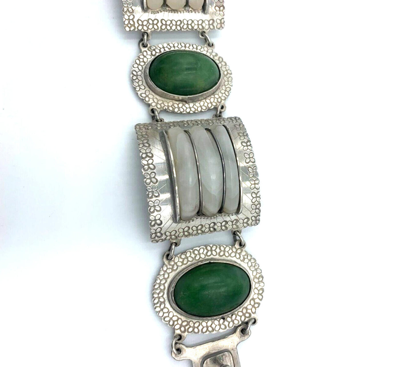 Vintage Artisan Handcrafted Sterling Silver Quartz Nephrite Wide Bracelet Mexico