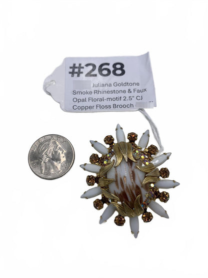 Juliana Goldtone Copper Rhinestone & Faux Opal Floral Copper Floss CJ Brooch
