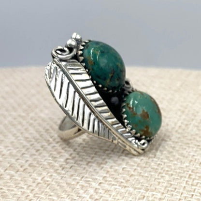 New Old Stock Native American Navajo Sterling Silver Double Green Turquoise Ring