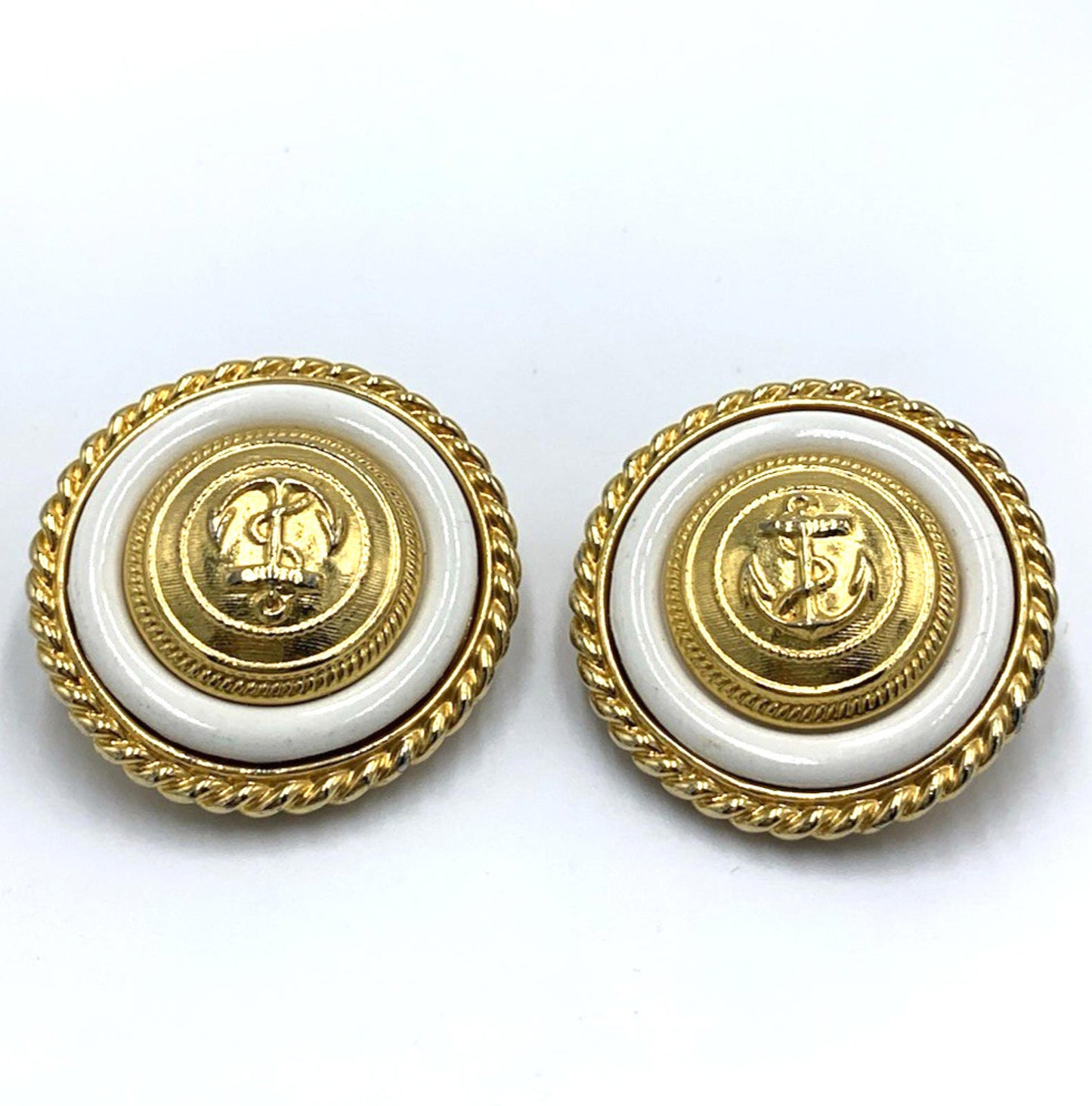 Vintage Ben Amun Nautical Anchor Clip-On Earrings Round Gold Tone Statement