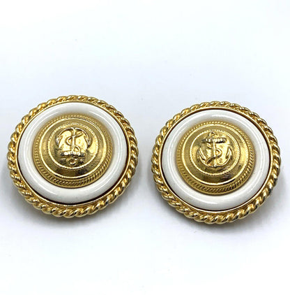 Vintage Ben Amun Nautical Anchor Clip-On Earrings Round Gold Tone Statement