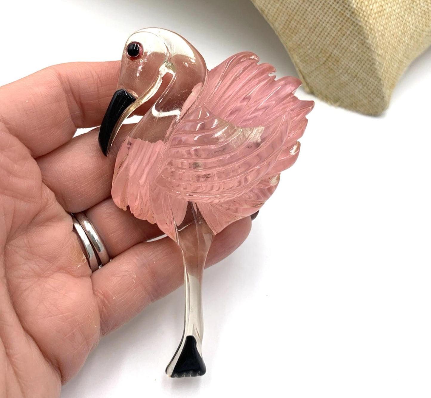 Vintage Flamingo Reverse Etched Pink Clear Black Large Brooch/Pin Lucite Bird