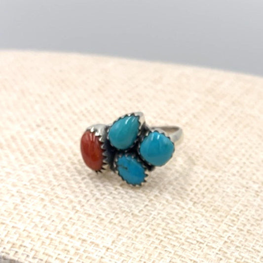 New Old Stock Vintage Native American Sterling Silver Coral Turquoise Ring 9.25