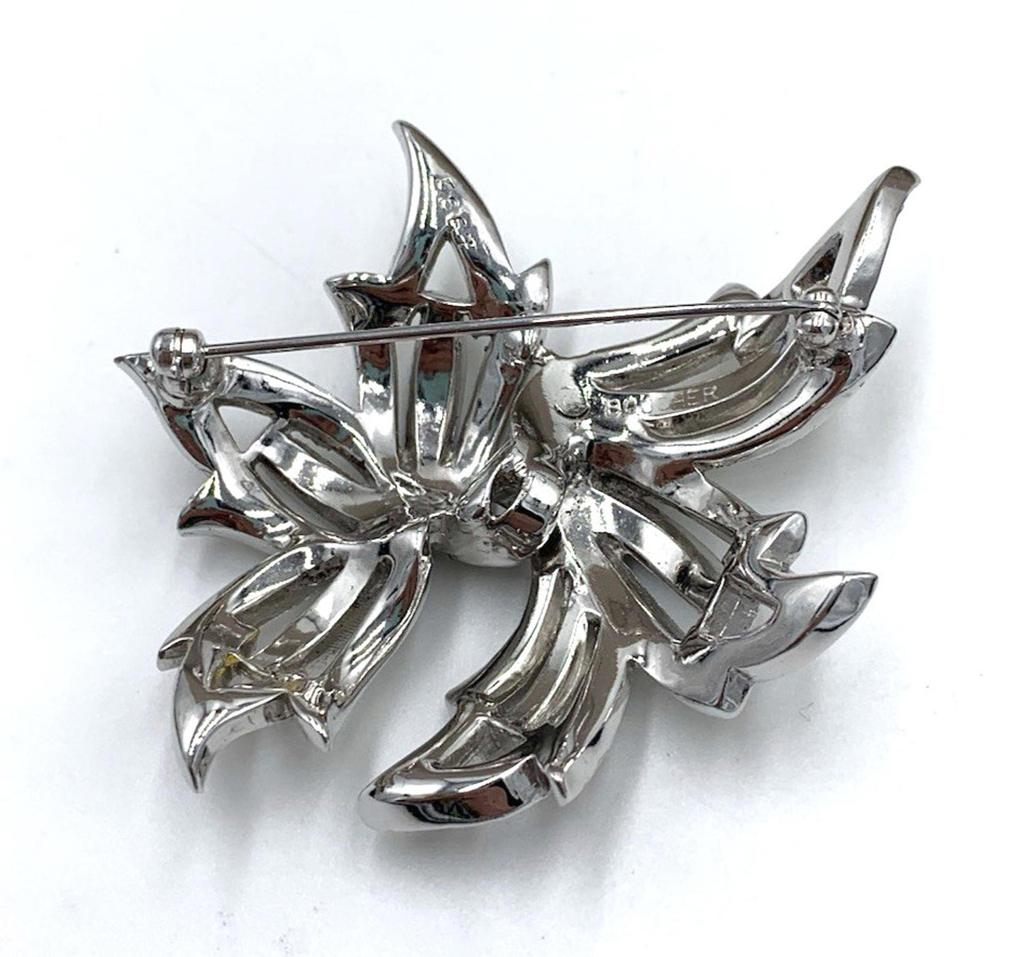 Marcel Boucher Rhodium Plated Clear Rhinestone Leaf Brooch