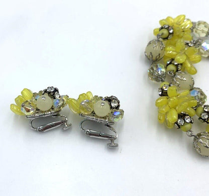 Vintage Vendome Set Yellow Glass Bead Cluster AB Necklace & Earrings Rare OOAK
