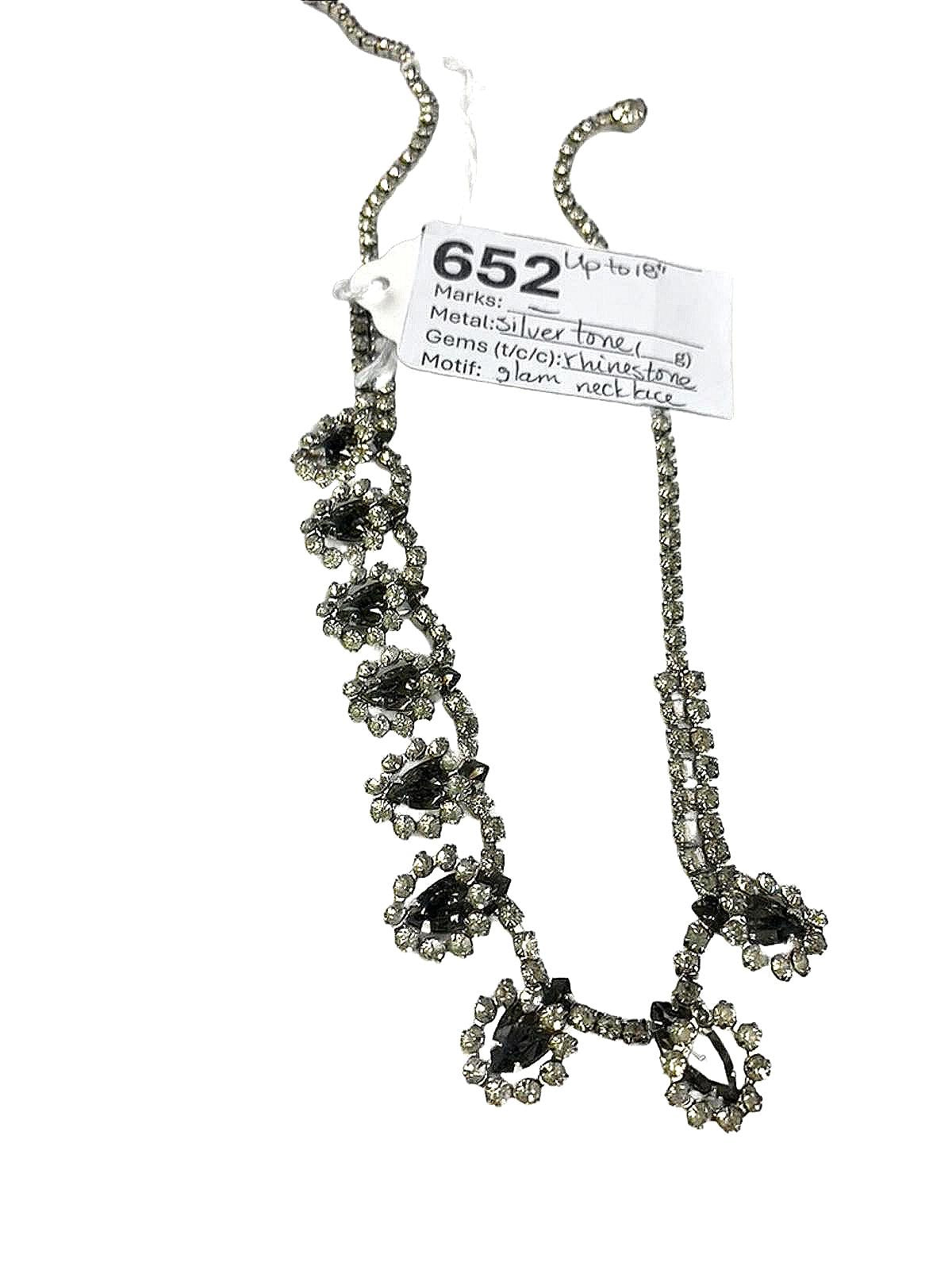 Unsigned Silvertone White & Black Rhinestone Abstract/Florets Necklace