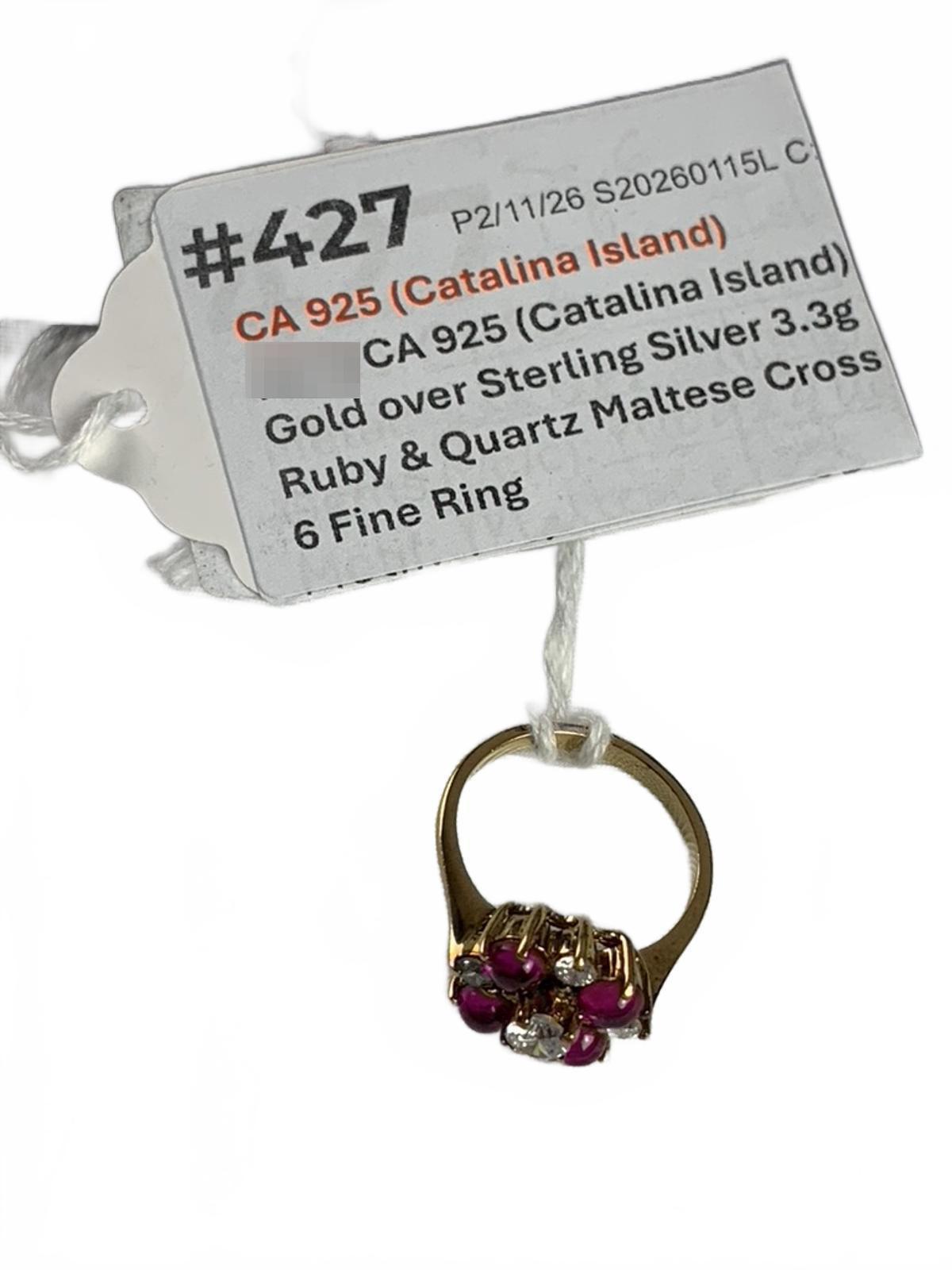 Catalina Island Gold over Sterling Silver Ruby & Quartz Maltese Cross Ring